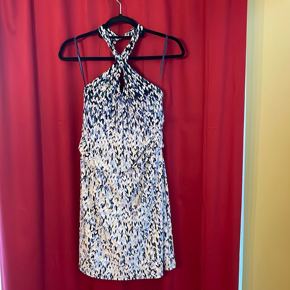 White House Black Market Dress Size L, Never Worn, Blue pattern, Halter top.